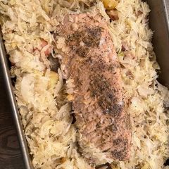 A picture of Garlic Herb Pork Tenderloin Bake with Sauerkraut & Potatoes.