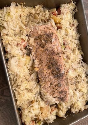 A picture of Garlic Herb Pork Tenderloin Bake with Sauerkraut & Potatoes.