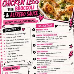 A picture of Oven-Baked Chicken Legs with Broccoli & Alfredo Sauce.