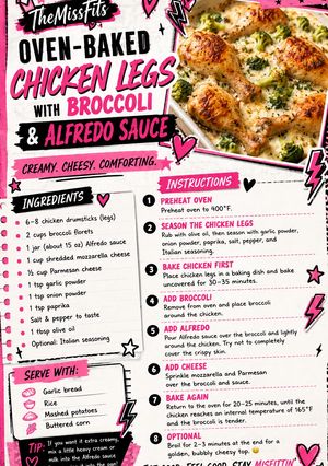 A picture of Oven-Baked Chicken Legs with Broccoli & Alfredo Sauce.