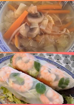 Une photo de Dîner chinois healthy - bouillon et rouleaux de printemps