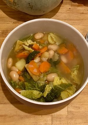 A picture of Rough Chop Cabbage and White Bean Soup.