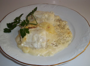 Foto principal de Filetes de bacalao congelados con puré de patatas y mayonesa, horneados