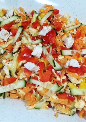Фото Салат из куриной грудки и свежими овощами.