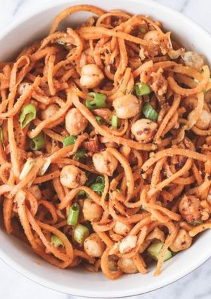 A picture of Sweet Potato Noodles with Almond Sauce.