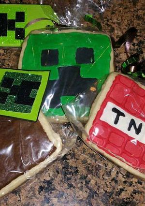 A picture of Minecraft cookies with handmade treat tags.