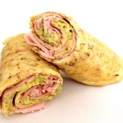 A picture of Egg and Proscuitto Wrap with Avocado.