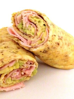 A picture of Egg and Proscuitto Wrap with Avocado.