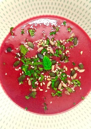 A picture of Beetroot, mint & cumin soup.