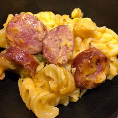 A picture of Baked Pasta with Cheddar Cheese and Smoked Beef Sausage.