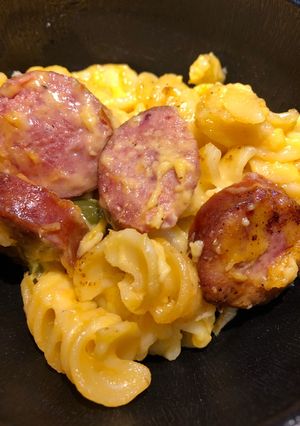 A picture of Baked Pasta with Cheddar Cheese and Smoked Beef Sausage.