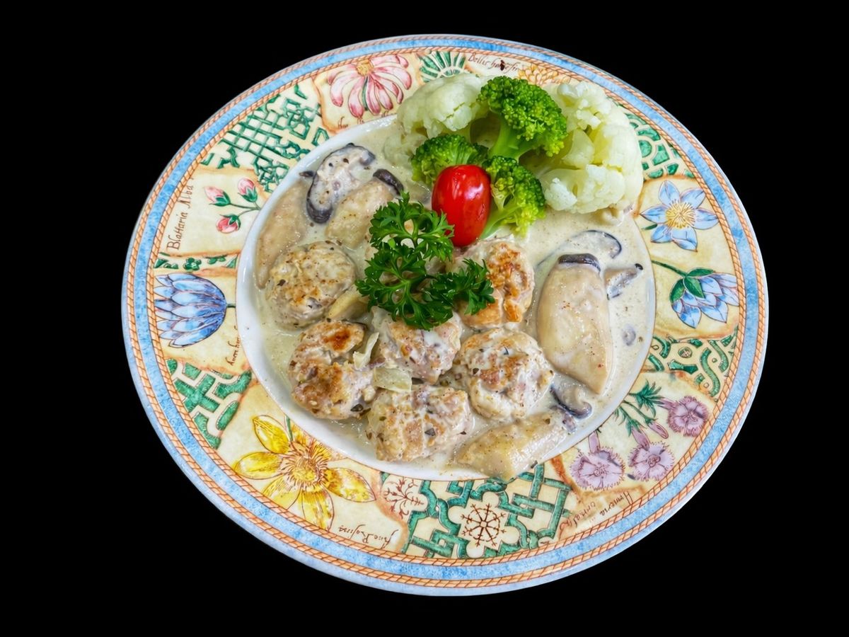 SP.0864 - Gà Viên Nấu Kem Nấm Súp Lơ