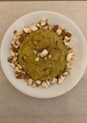 A picture of Kesar Coconut Halwa.