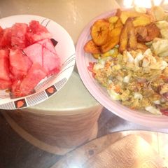 A picture of Cabbage Scrambled eggs with plantain.