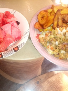 A picture of Cabbage Scrambled eggs with plantain.