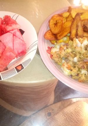 A picture of Cabbage Scrambled eggs with plantain.