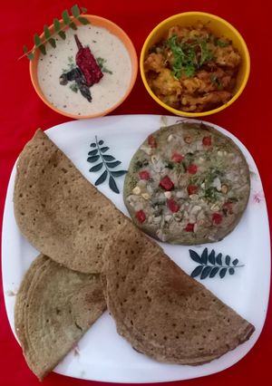 A picture of Whole moong barnyard millet dosa and uttapam.
