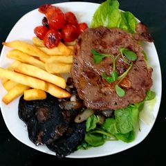 A picture of My Ribeye Steak, Large Mushrooms, Onions and Chips 😛😍.