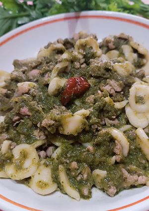 A picture of Orecchiette with Broccoli Rabe Stem Cream and Sausage.