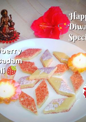 A picture of Strawberry Kaju Badam Kathli.