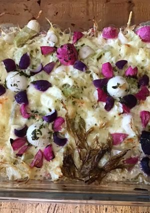 Une photo de Gratin de céleri branche aux lardons,emmental et radis multicolores