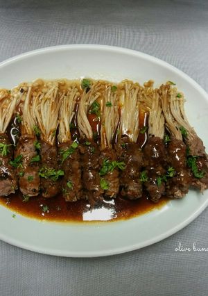 Foto resep Enoki Beef Roll With Teriyaki Sauce || Daging Gulung Jamur Enoki
