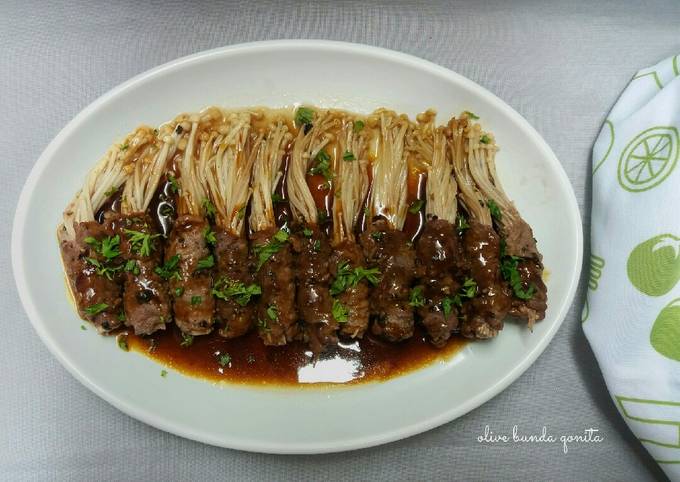 Enoki Beef Roll With Teriyaki Sauce || Daging Gulung Jamur Enoki foto resep utama