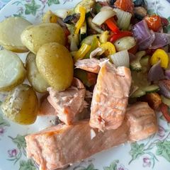 A picture of Air Fryer Salmon, Potato and Med Veg.
