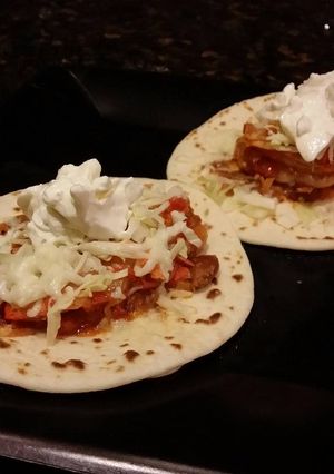 A picture of Brad's camarrones a la diablo street tacos.