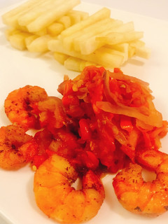 A picture of Yam fries paired with peppered shrimp sauce.