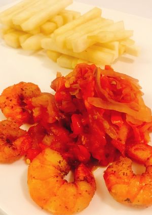 A picture of Yam fries paired with peppered shrimp sauce.