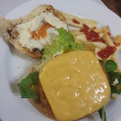 Veggie Burger and Chips A picture of Veggie Burger and Chips.