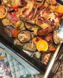 Pollo asado con cerveza y vegetales