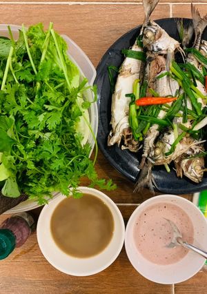 Hình của món Cá sòng luộc cạn cuốn bánh tráng chấm mắm tôm.