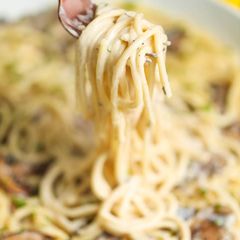 A picture of Spaghetti and Mushrooms.