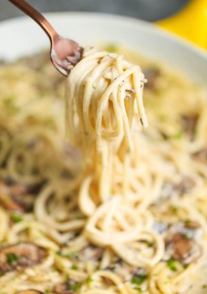 A picture of Spaghetti and Mushrooms.