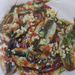 A picture of Sardines with Tomato and Egg Vinaigrette.