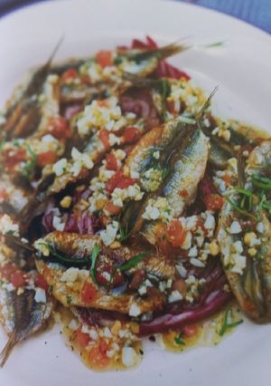 A picture of Sardines with Tomato and Egg Vinaigrette.