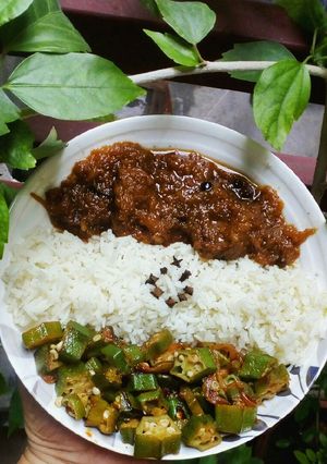 A picture of Rice, pumpkin and lady finger vegetables.
