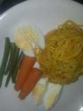 Spaghetti with boiled eggs and veggies