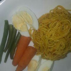 Spaghetti with boiled eggs and veggies A picture of Spaghetti with boiled eggs and veggies.