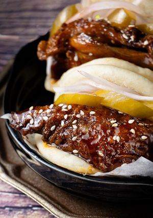 Hình của món BBĐL kẹp Gà Teriyaki - Taiwanese Bao with Teriyaki Chicken.