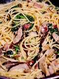 Creamy Japanese Style Spaghetti w/ Bacon, Shiitake & Spinach