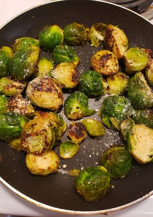 A picture of Pan seared brussel sprouts.
