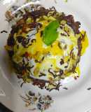 Passion fruit brownie with passion fruit sauce