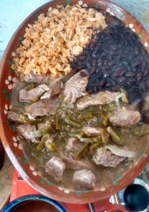 Una foto de Carne de res en fajitas con nopales en salsa verde