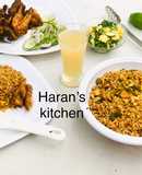 Chinese fried rice with Russian salad and grilled chicken