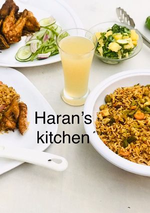 A picture of Chinese fried rice with Russian salad and grilled chicken.