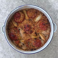 A picture of My Yaya’s Gemista (stuffed tomatoes with rice).