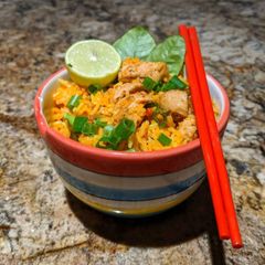 A picture of Malaysian chicken Fried Rice.